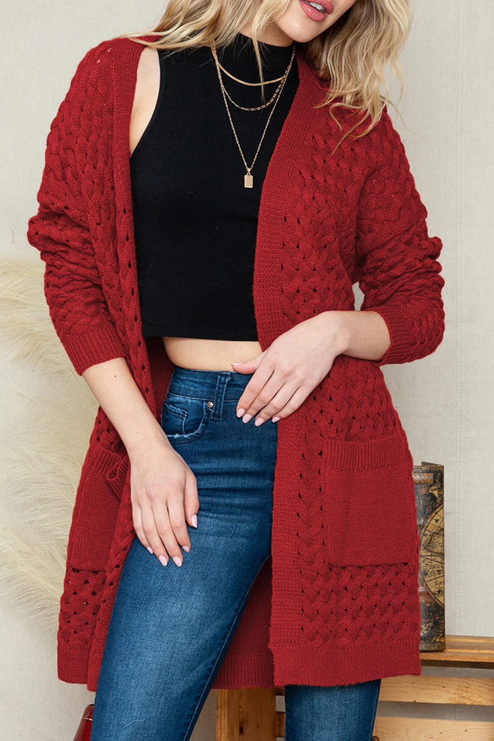 Brown Woven Texture Open Front Pockets Knit Cardigan