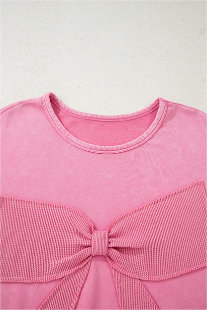 Bonbon Waffle Bowknot Patchwork Mineral Wash Plus Size Top