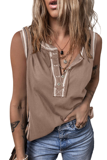 Contrast Stitching Exposed Seam Henley Tank Top
