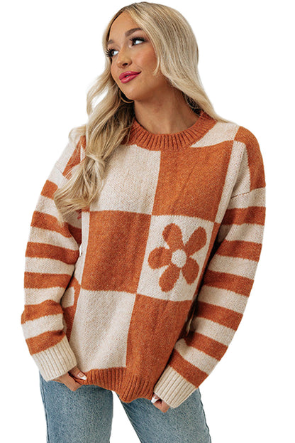 Orchid Petal Checkered and Striped Knitted Sweater