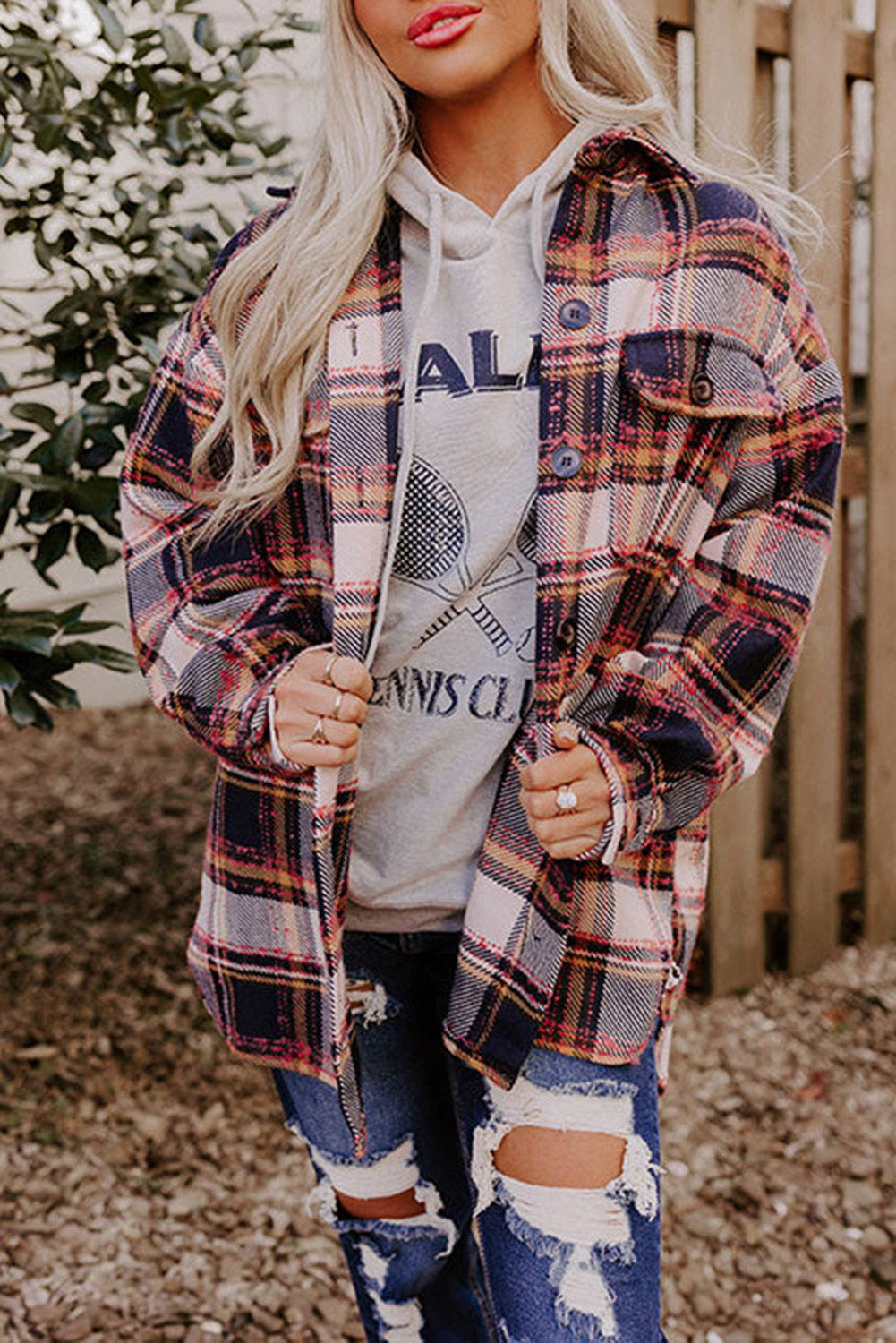 Dark Blue Oversized Flap Pockets Plaid Shacket with Slits