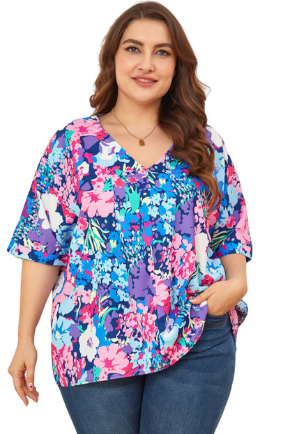 Multicolor V Neck Dolman Sleeve Plus Size Floral Blouse