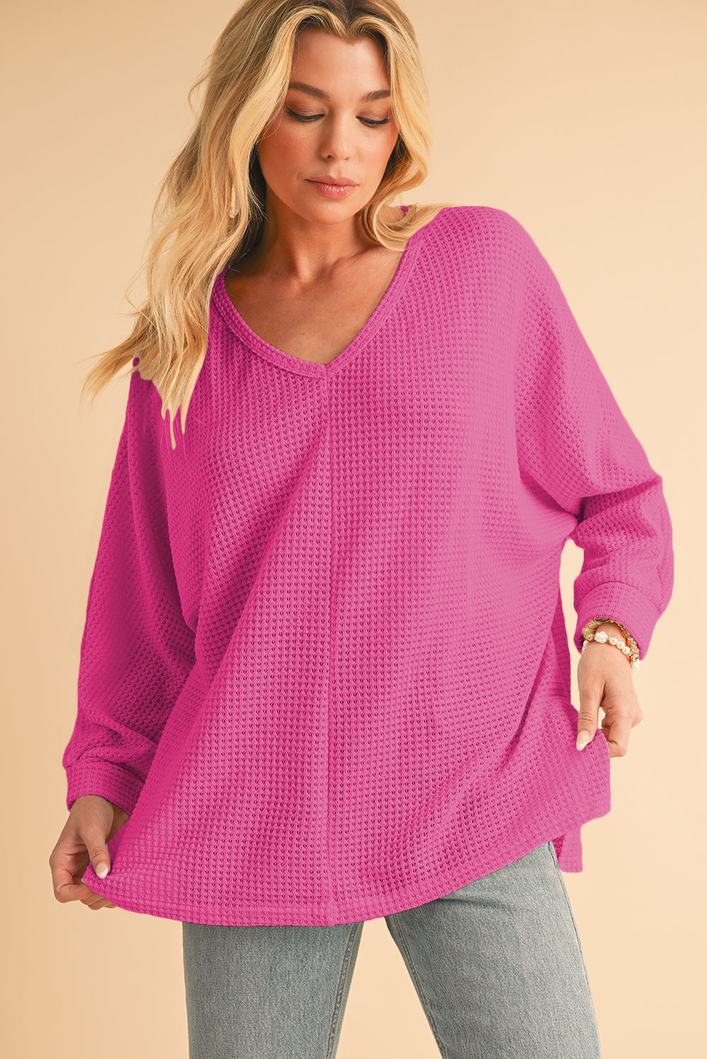 Waffle Knit Side Slits Loose Fit V Neck Top