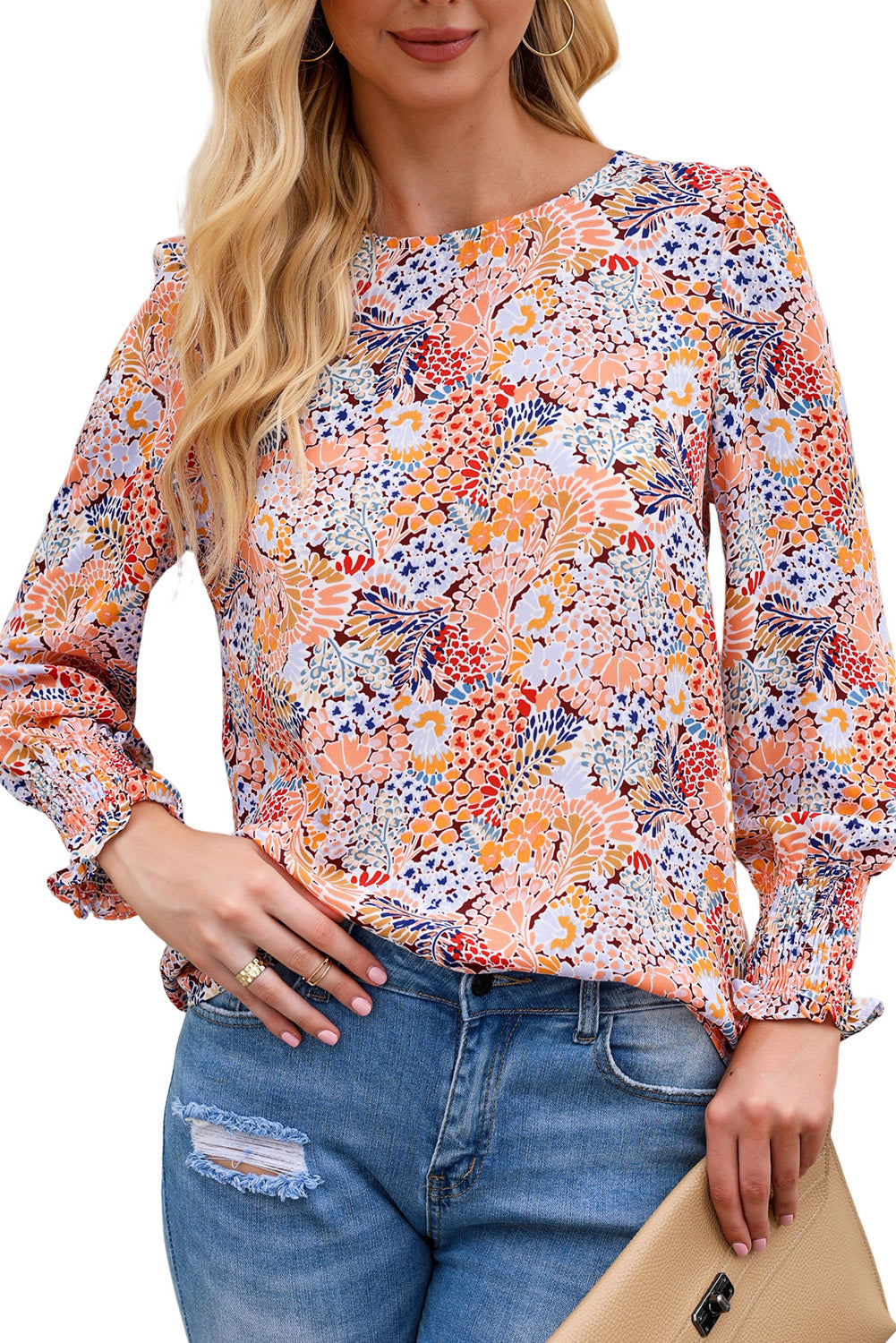Multicolor Floral Print Smocked Cuffs Long Sleeve Blouse