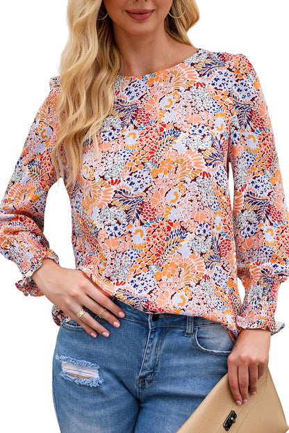 Multicolor Floral Print Smocked Cuffs Long Sleeve Blouse