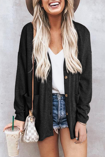 Black Pocketed Casual Button Front Knit Cardigan