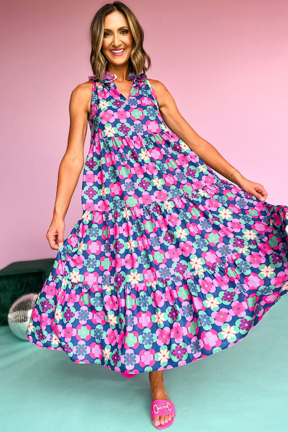 60s Flower Split Neck Sleeveless Tiered Maxi Dress