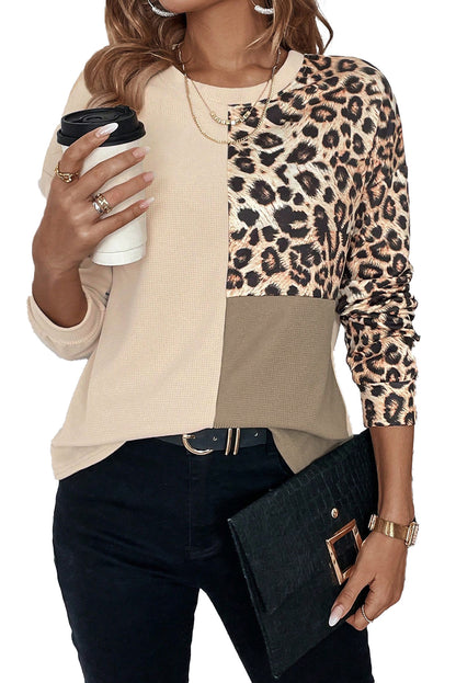 Pale Khaki Waffle Knit Leopard Contrast Casual Top