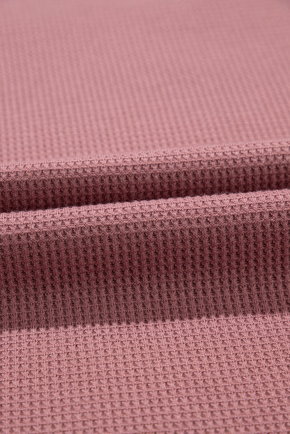 Rose Exposed Seam Drop Sleeve V Neck Waffle Textured Top