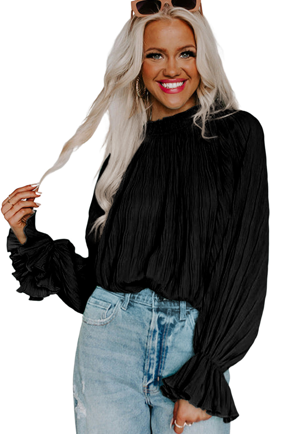 Black Crinkle Frilled Neck Pleated Long Sleeve Blouse