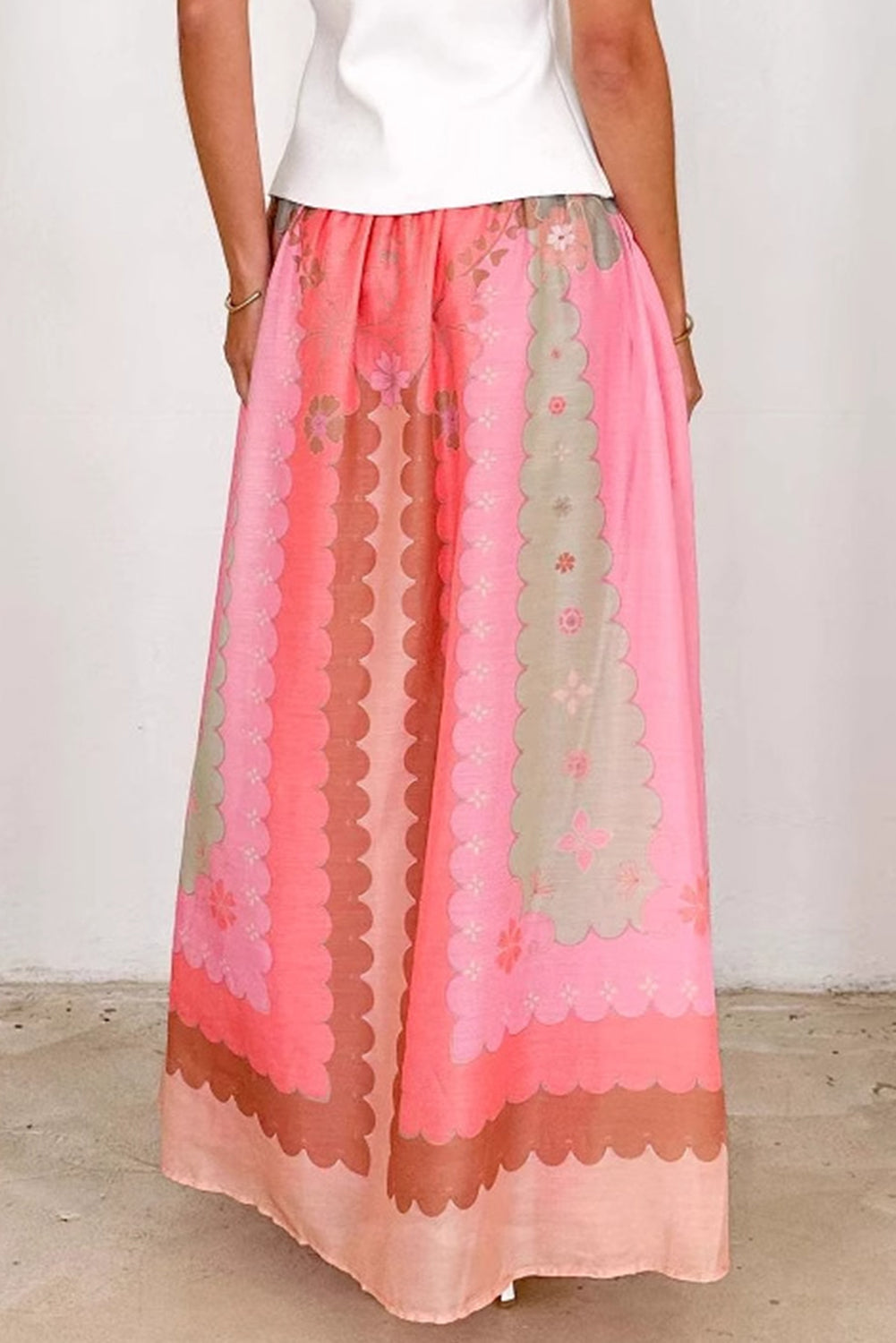 Pink Floral Colorblock Tie High Waist Maxi Skirt