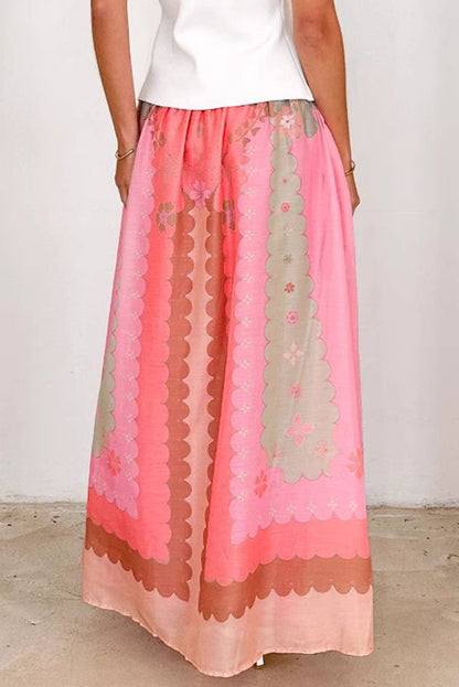 Pink Floral Colorblock Tie High Waist Maxi Skirt