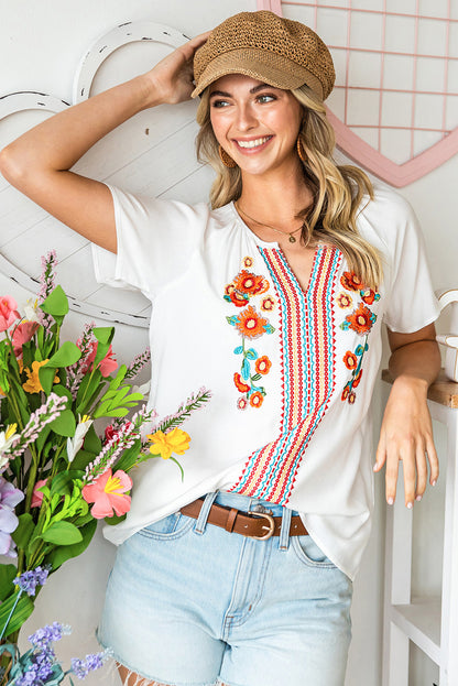 Floral Embroidered Boho Ruffle Puff Sleeve Blouse
