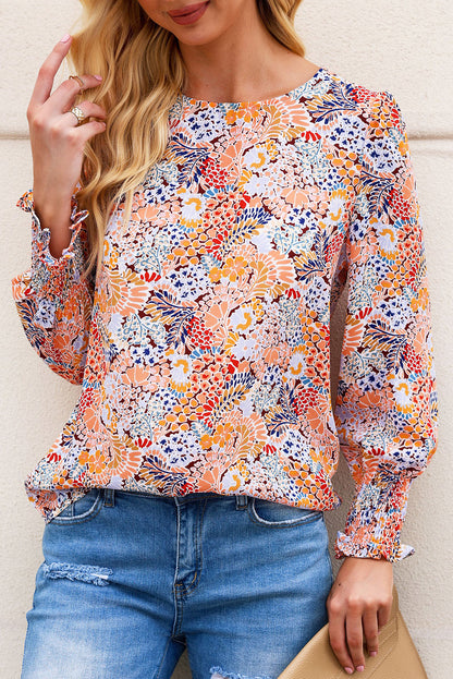 Multicolor Floral Print Smocked Cuffs Long Sleeve Blouse