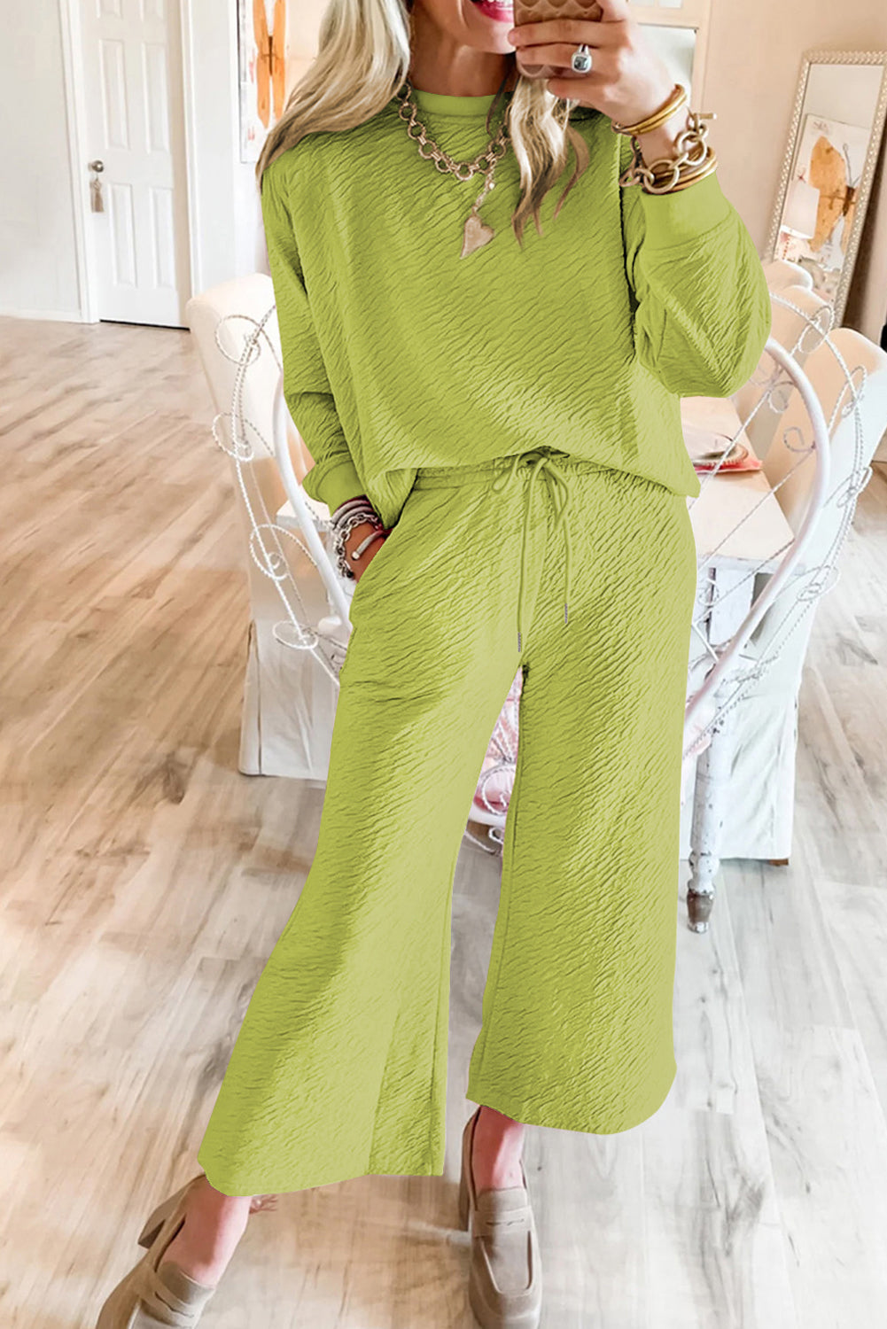 Textured Long Sleeve Top and Pants Set