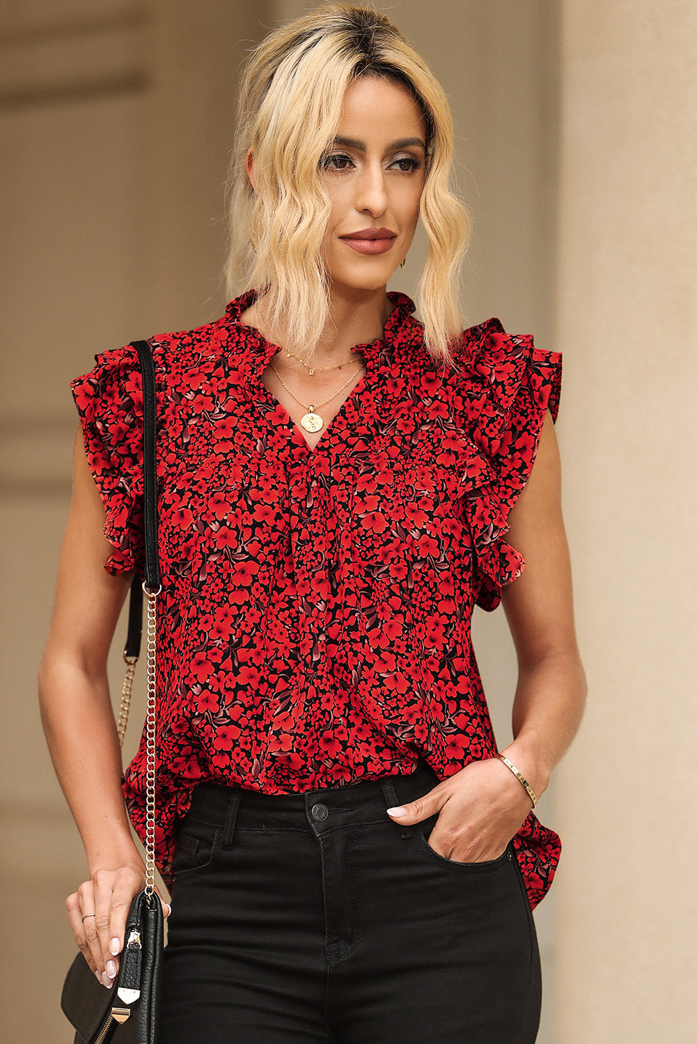 Floral Print Tiered Ruffle Sleeve V Neck Boho Top