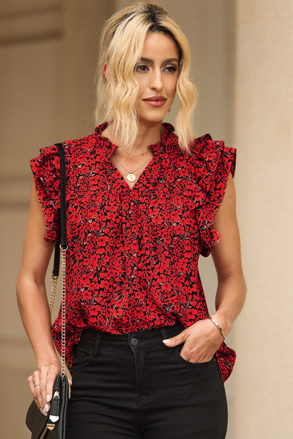 Floral Print Tiered Ruffle Sleeve V Neck Boho Top