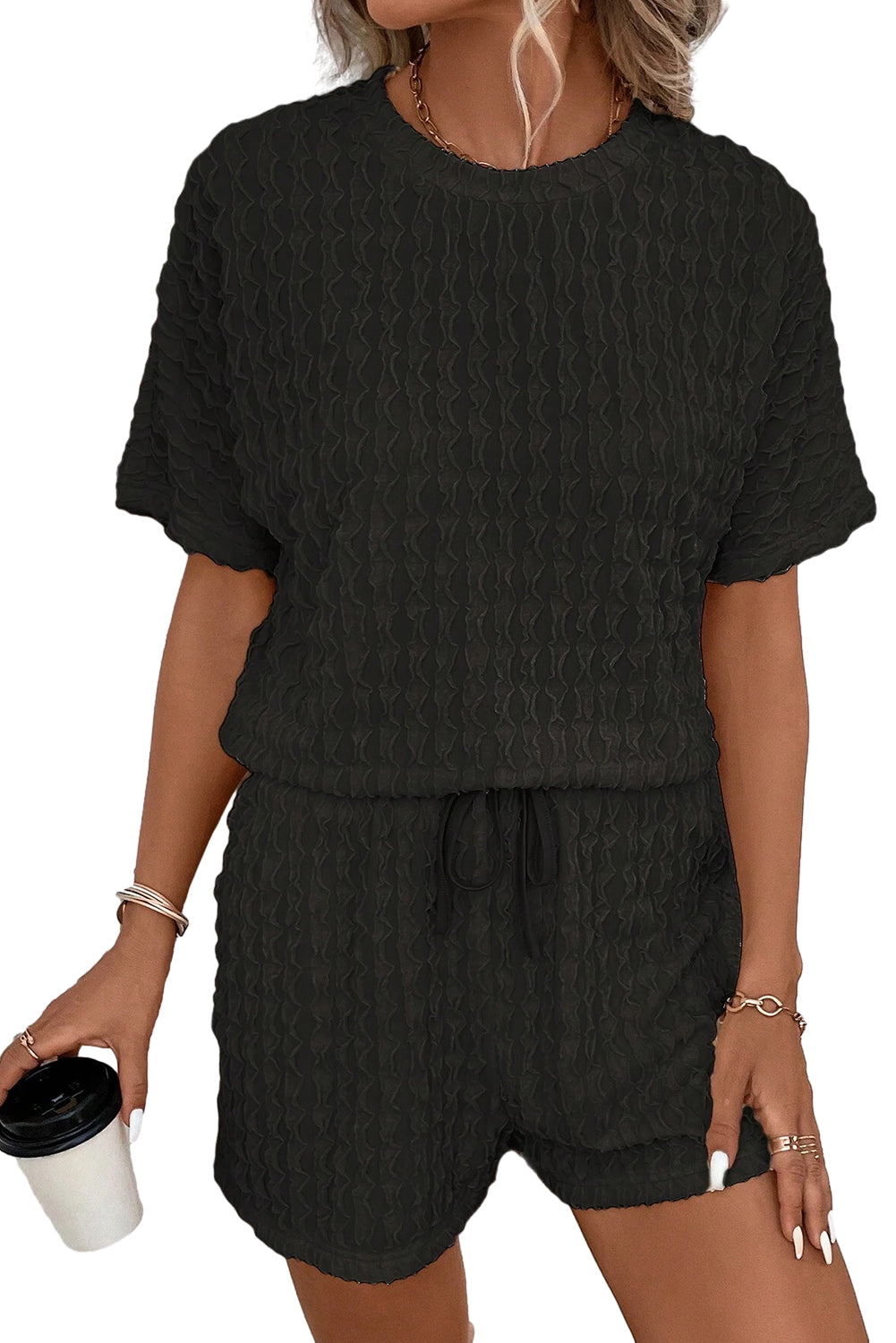 Frill Textured Tee and Drawstring Shorts Set