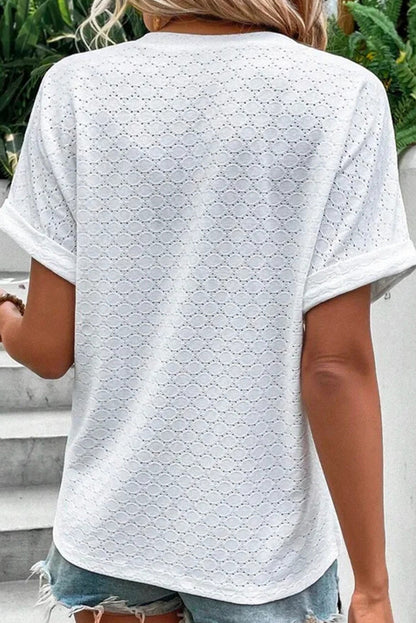 Button V Neck Eyelet Solid Color Blouse