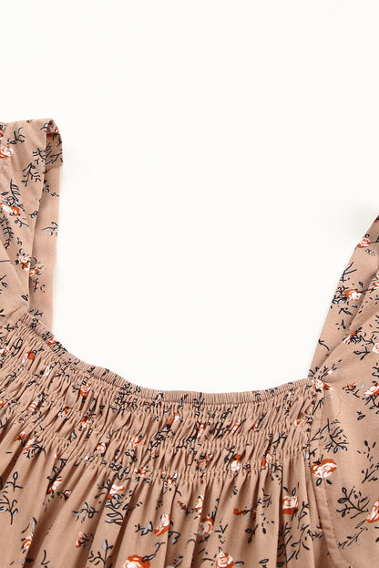 Floral Print Smocked Neck Flounce Sleeveless Shirt