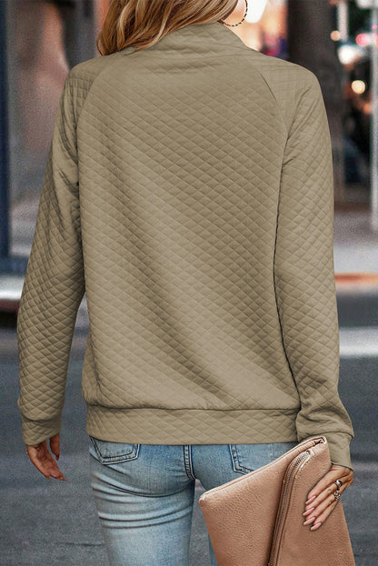 Quilted Buttoned Neck Pullover Sweatshirt