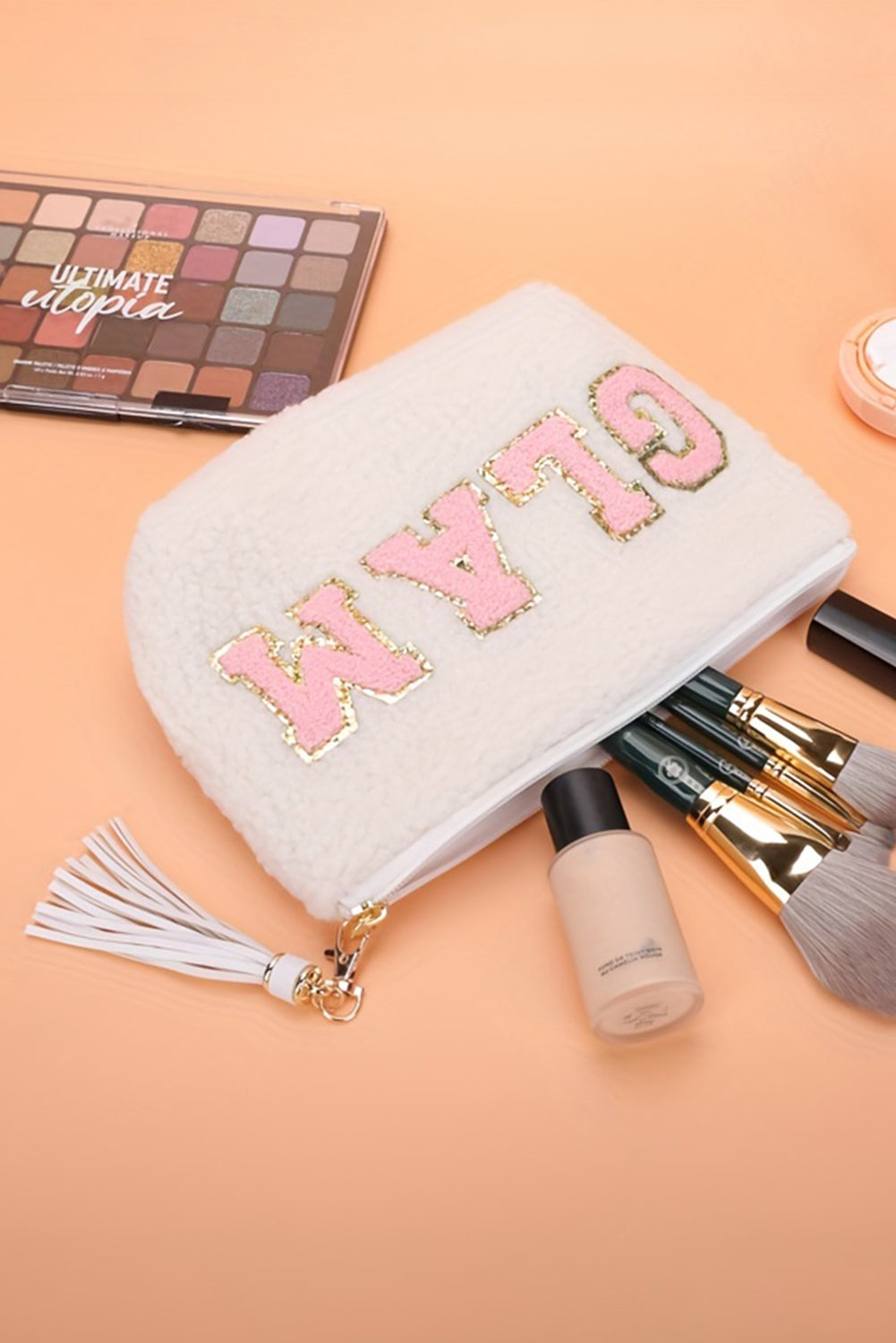 White CALM Letter Pattern Tassel Zipper Makeup Bag