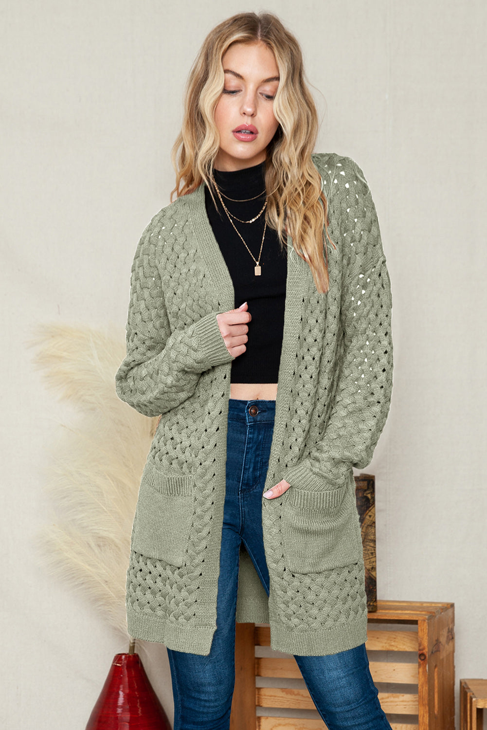 Brown Woven Texture Open Front Pockets Knit Cardigan