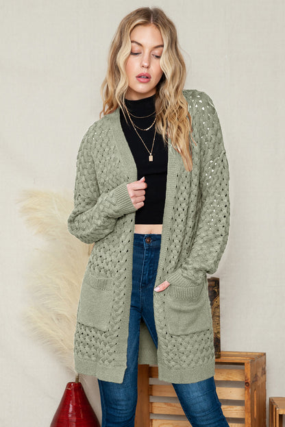 Brown Woven Texture Open Front Pockets Knit Cardigan