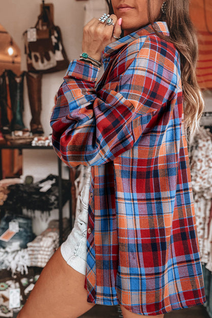 Orange Plaid Print Pocket Loose Shirt Shacket