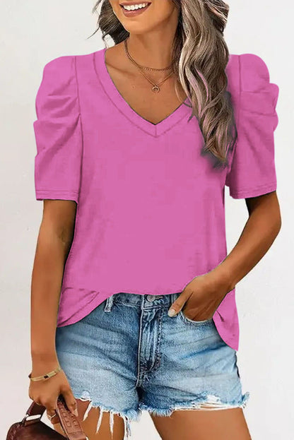Puff Sleeve Casual V Neck T-Shirt