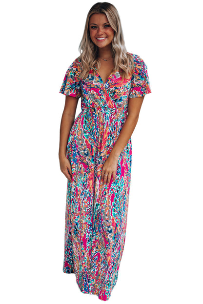Abstract Print Wrap V Neck Flutter Sleeve Mid Length Summer Dress