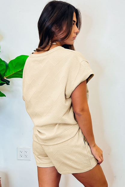 Apricot 2Pcs Solid Textured Drawstring Shorts Set