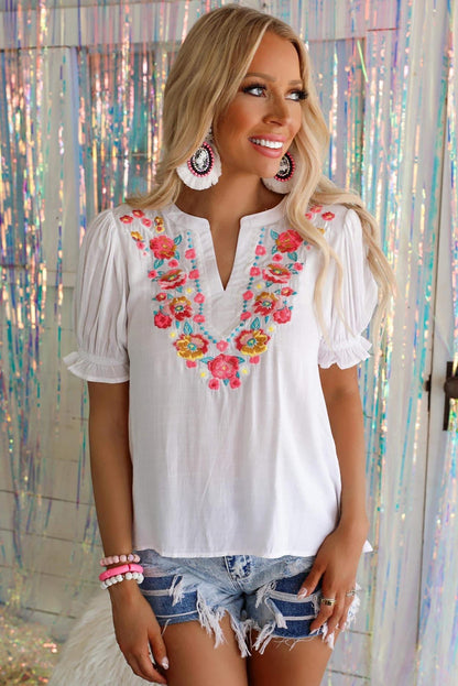 Floral Embroidered Boho Ruffle Puff Sleeve Blouse