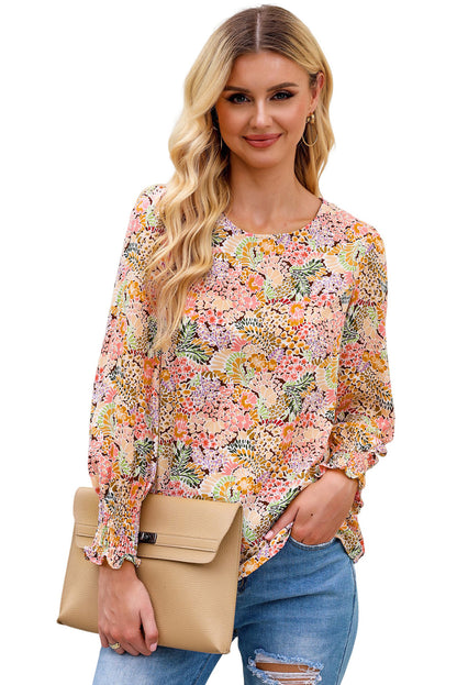 Multicolor Floral Print Smocked Cuffs Long Sleeve Blouse