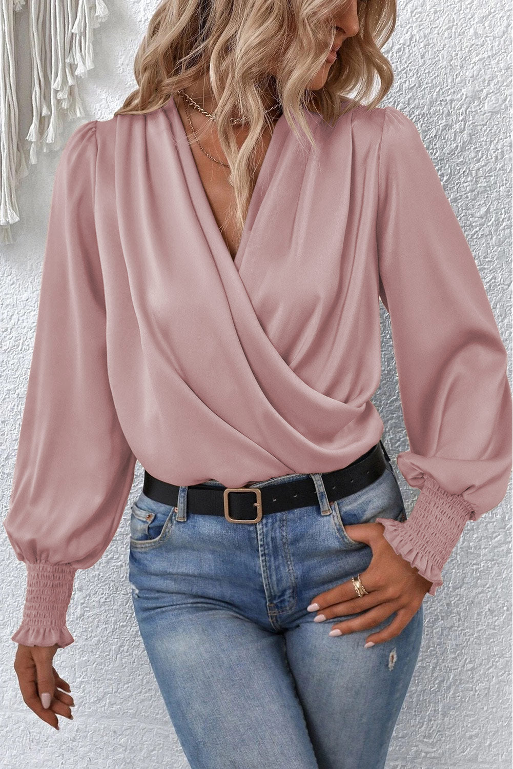 Drape V Neck Long Sleeve Blouse for Women