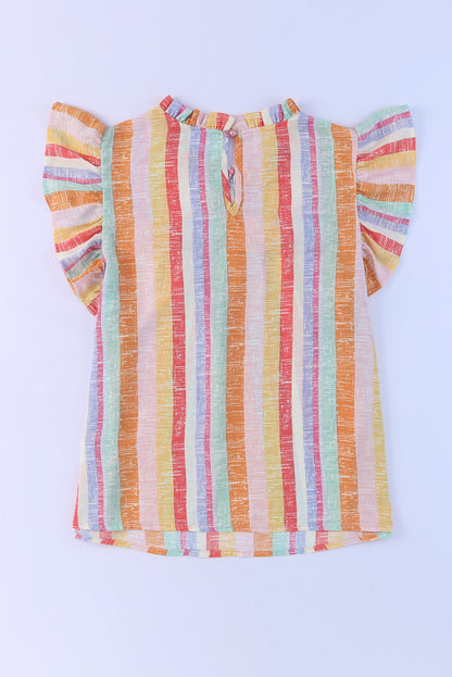 Multicolor Striped Color Block Frill Neck Ruffle Blouse