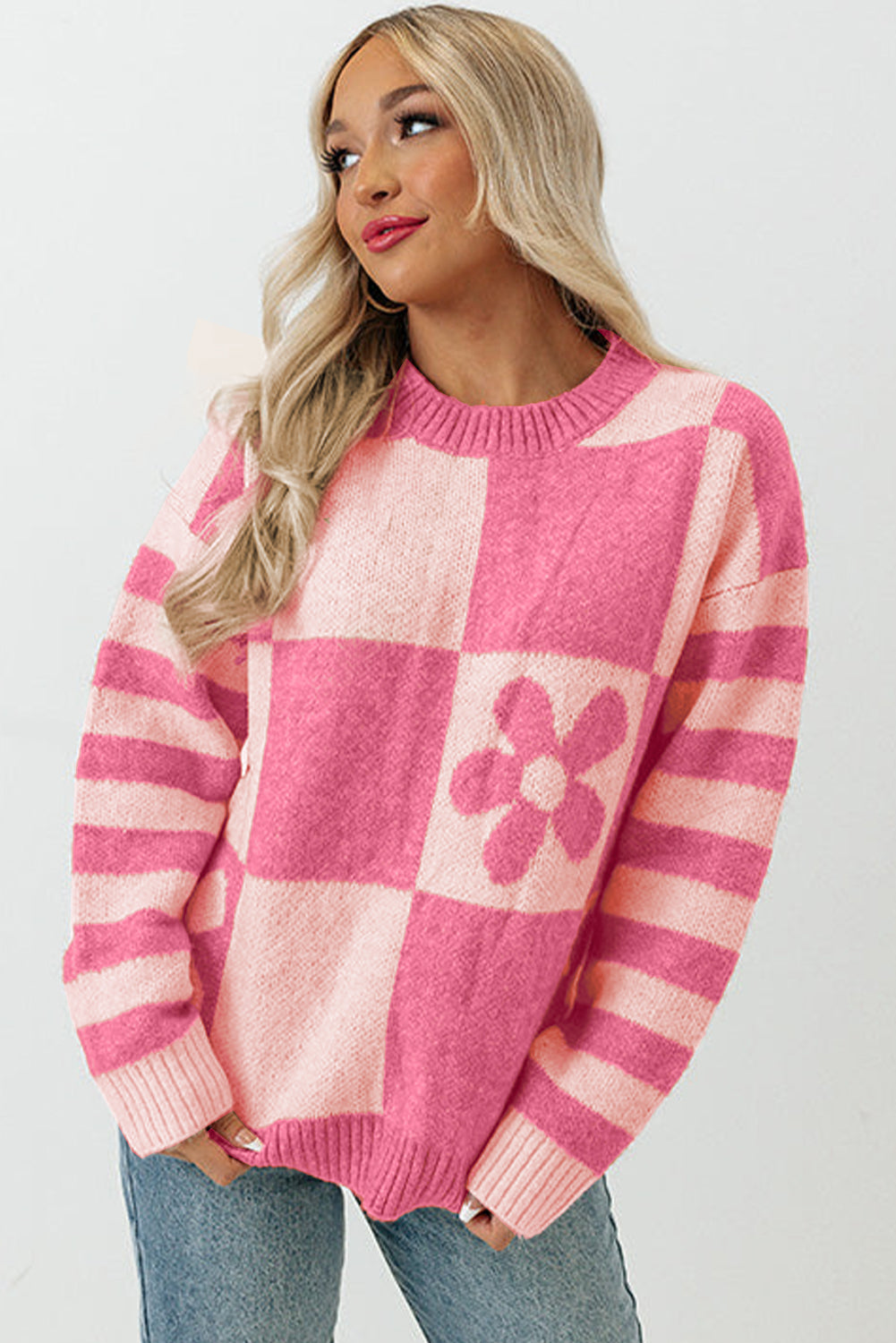 Orchid Petal Checkered and Striped Knitted Sweater