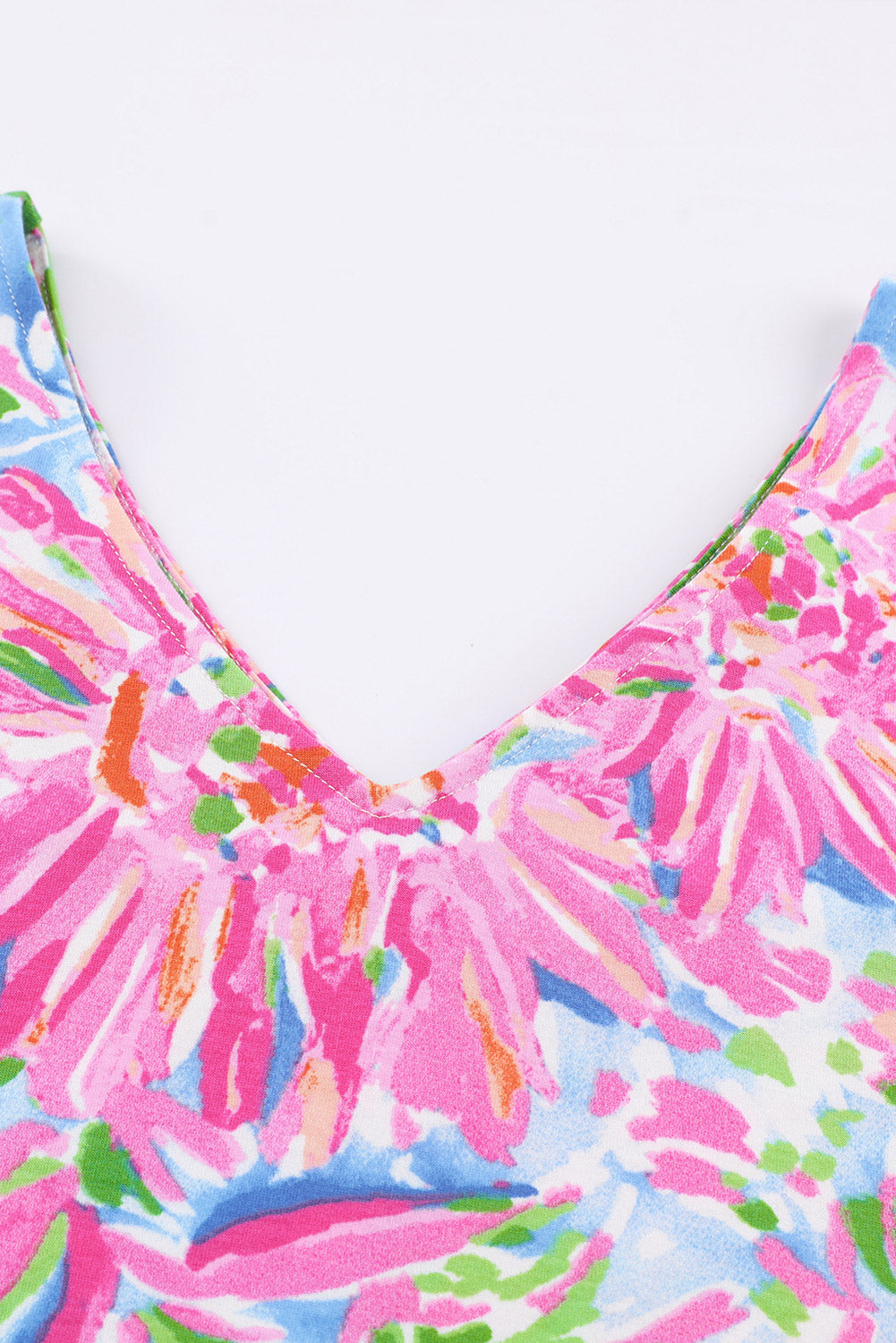 Abstract Floral Print Split V Neck Short Sleeve Blouse