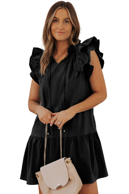Tiered Ruffled Drawstring V Neck Short Dress With Pockets