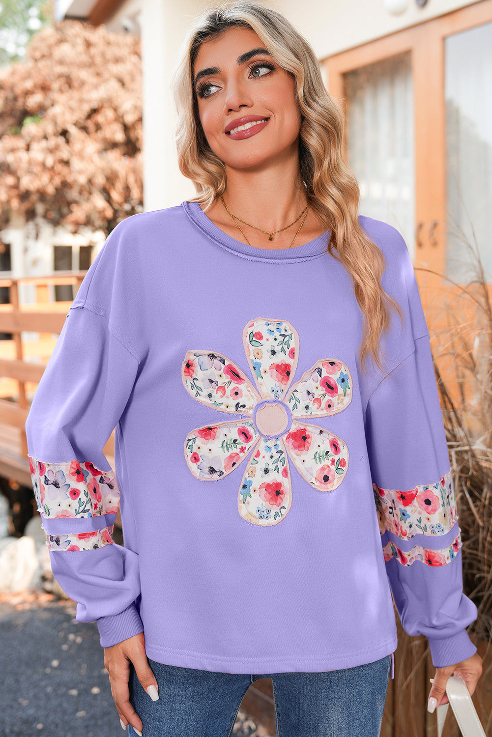Peach Blossom Flower Applique Patchwork Drop Sleeve Pullover Sweatshirt