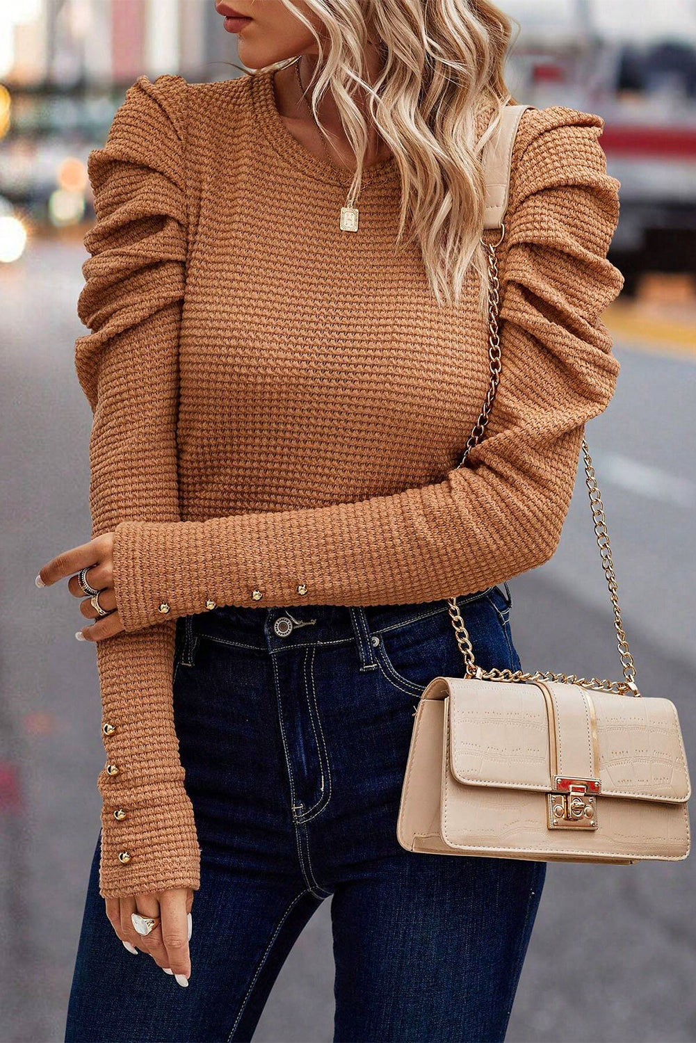 Solid Color Textured Ruched Long Sleeve Top