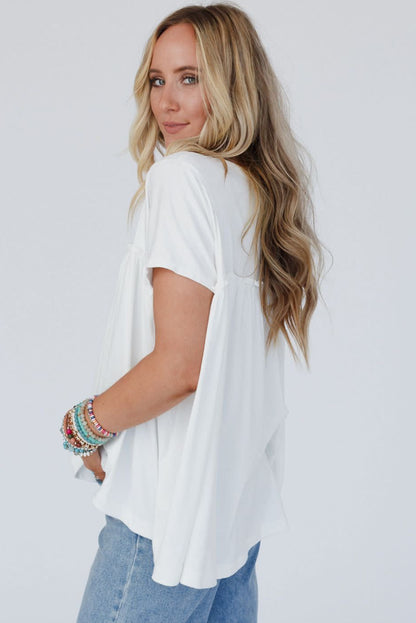 White Solid Color Frilled Loose Babydoll Blouse