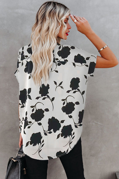 Floral Print Casual Roll Up Sleeve Blouse