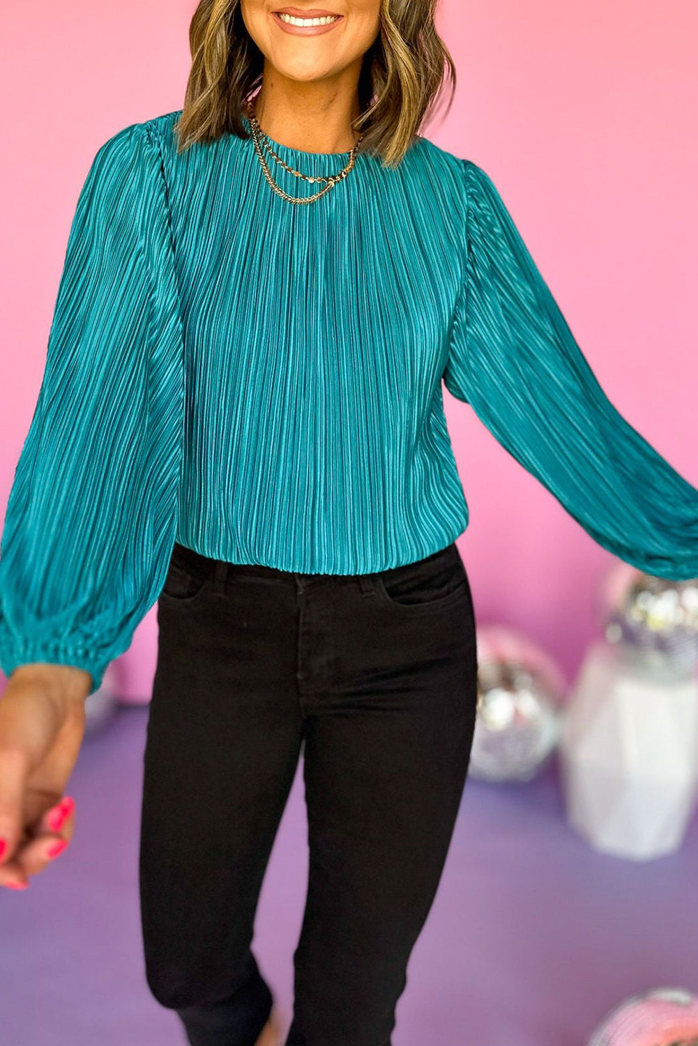 Verdant Solid Color Textured Puff Sleeve Cropped Blouse