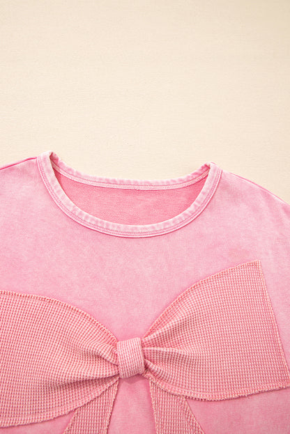 Bright Pink Mineral Wash Waffle Bow Patched Pullover Sweatshirt