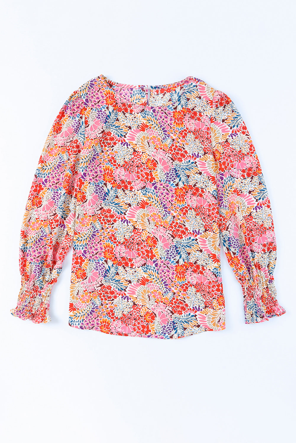 Multicolor Floral Print Smocked Cuffs Long Sleeve Blouse