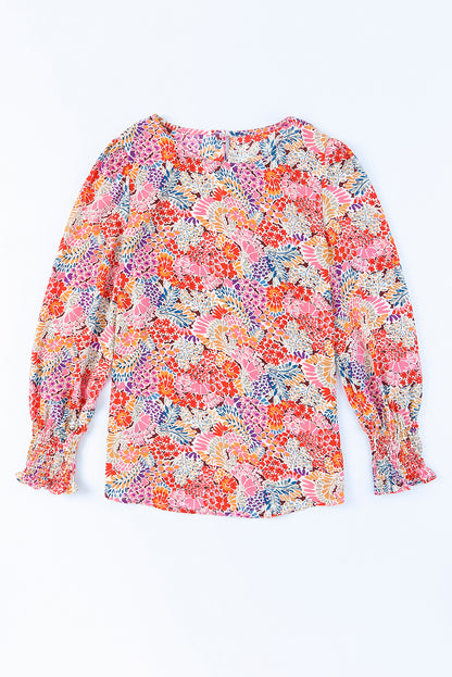 Multicolor Floral Print Smocked Cuffs Long Sleeve Blouse