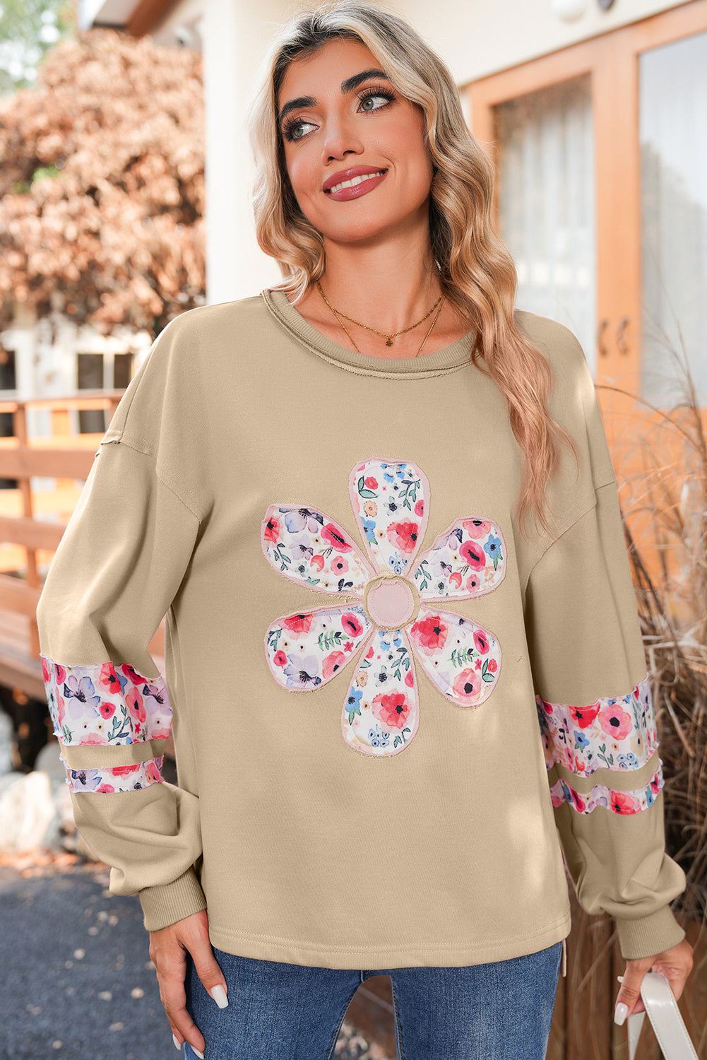 Peach Blossom Flower Applique Patchwork Drop Sleeve Pullover Sweatshirt