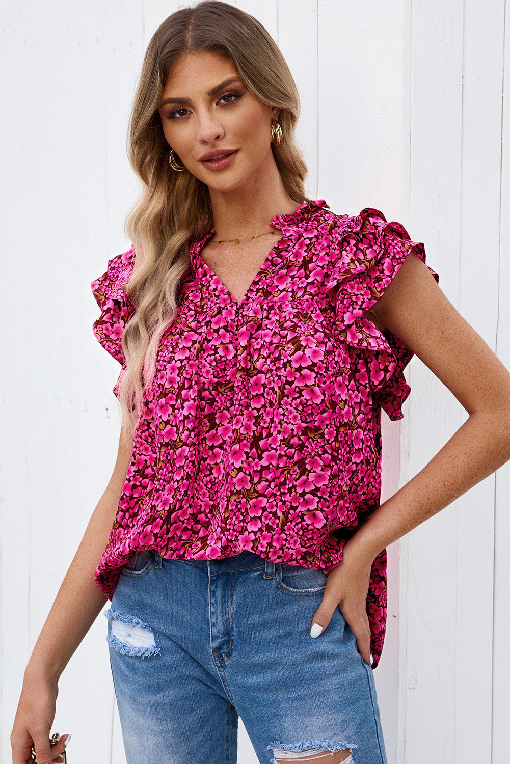 Floral Print Tiered Ruffle Sleeve V Neck Boho Top