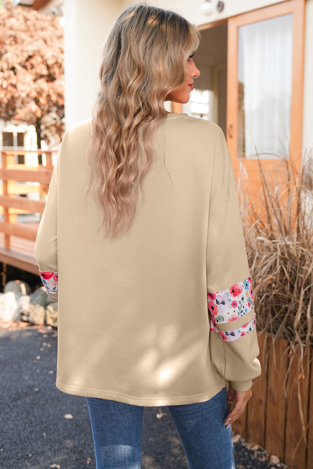 Peach Blossom Flower Applique Patchwork Drop Sleeve Pullover Sweatshirt